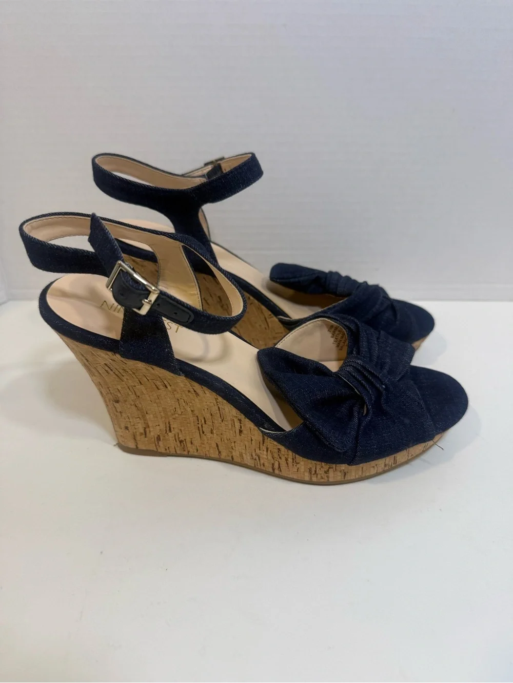 Nine West Womens 7.5 M Blue Denim Bow Cork Wedge Sandals Ankle Strap
